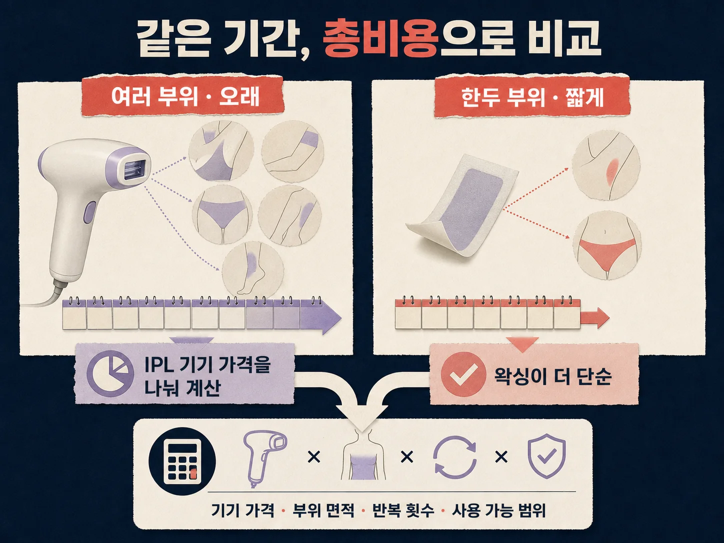 가정용 IPL 제모기와 왁싱의 기간별 총비용 계산