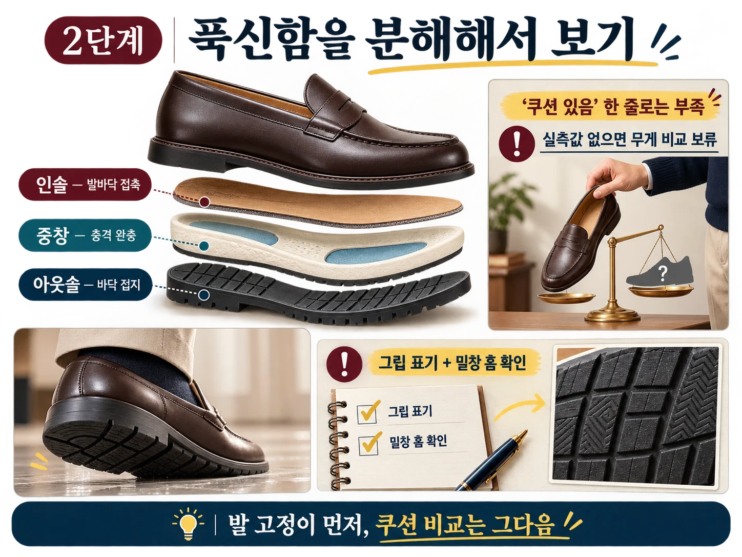 로퍼 인솔 중창 아웃솔 쿠션과 미끄럼 저항 비교 기준