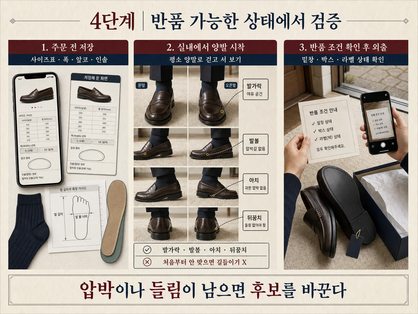 직장인 로퍼 사이즈 확인과 실내 시착 및 반품 조건 점검