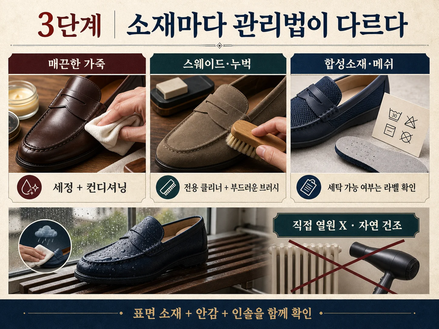 가죽 스웨이드 합성소재 로퍼의 소재별 관리 방법