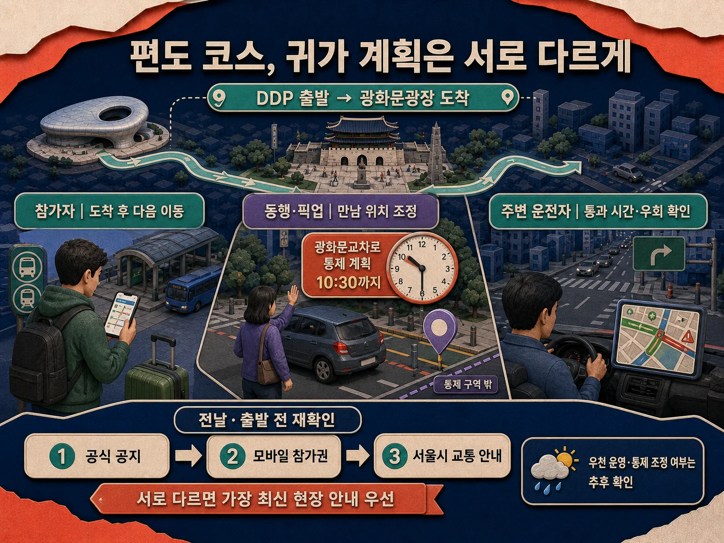 광화문광장 도착 뒤 참가자와 운전자의 귀가 계획을 안내하는 이미지