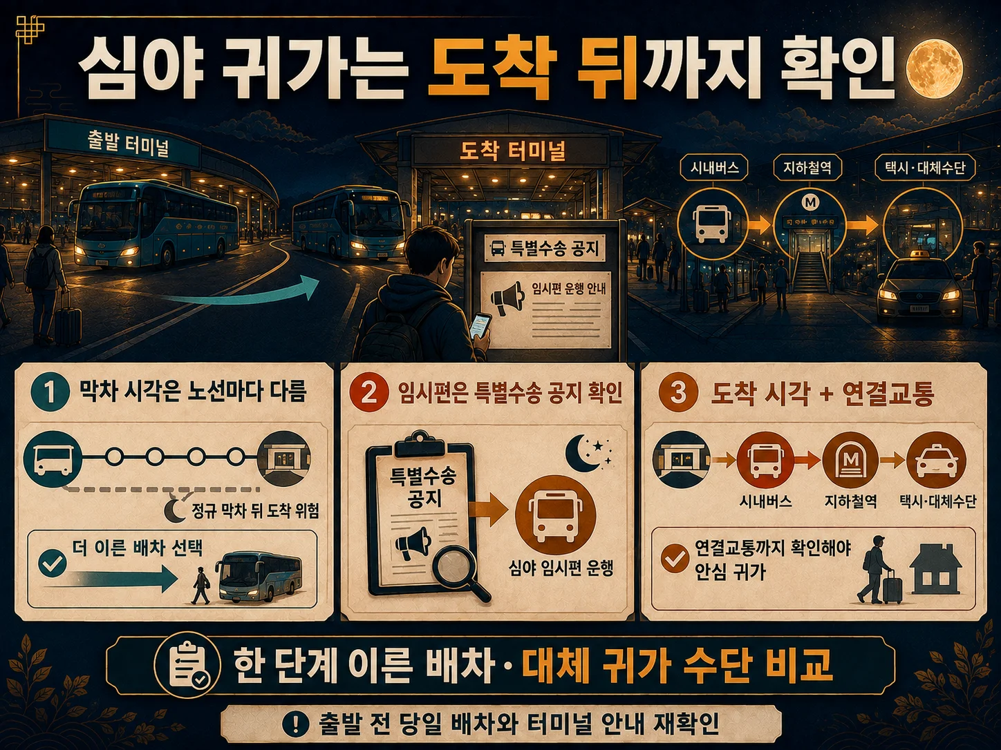 심야 귀가편과 명절 임시편·도착 후 교통을 점검하는 방법