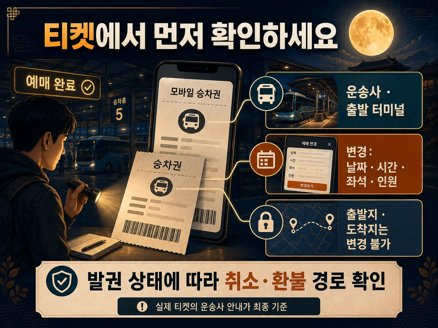 버스 티켓 운송사와 변경 조건을 확인하는 절차