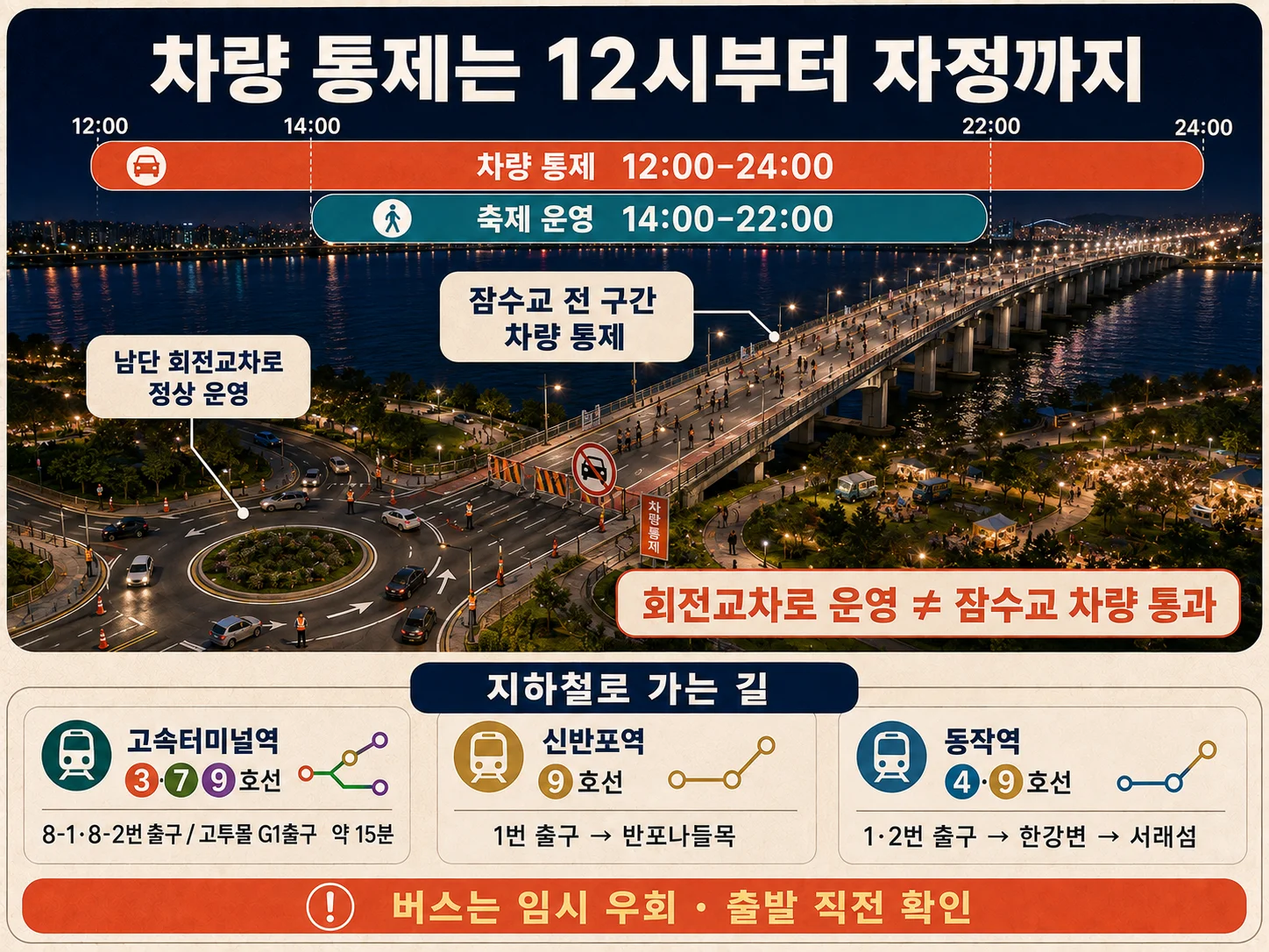 잠수교 차량 통제와 지하철 이동 경로 안내
