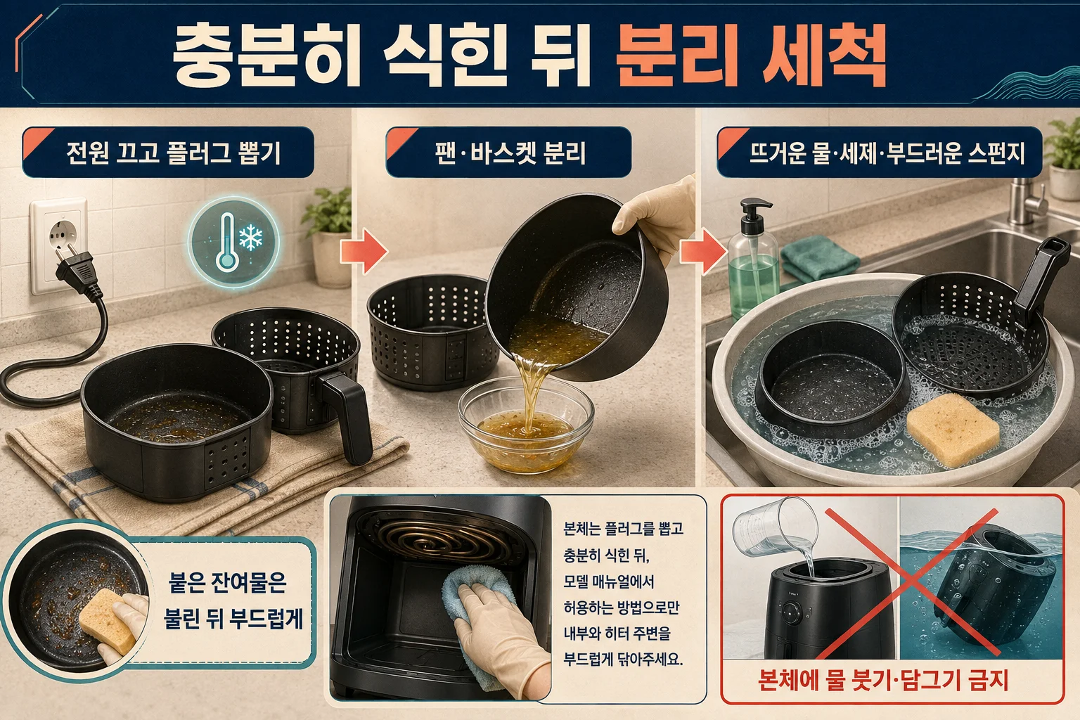 에어프라이어 팬과 바스켓의 생선 기름 잔여물을 부드러운 스펀지로 세척하는 모습