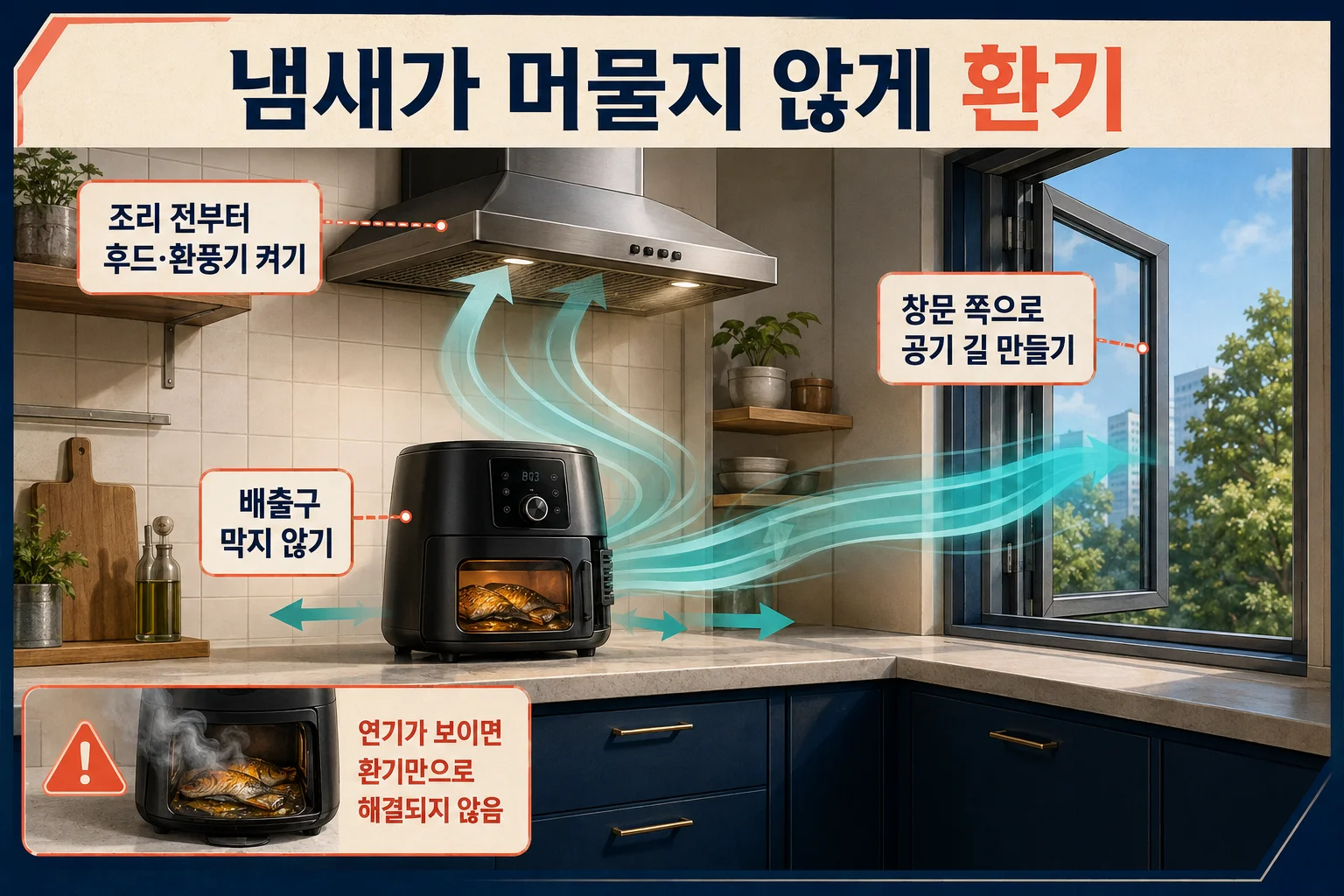 에어프라이어 생선 냄새를 줄이기 위해 후드와 창문으로 환기하는 주방