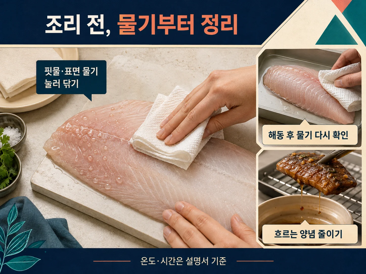 에어프라이어 생선 조리 전 키친타월로 물기와 핏물을 닦는 모습