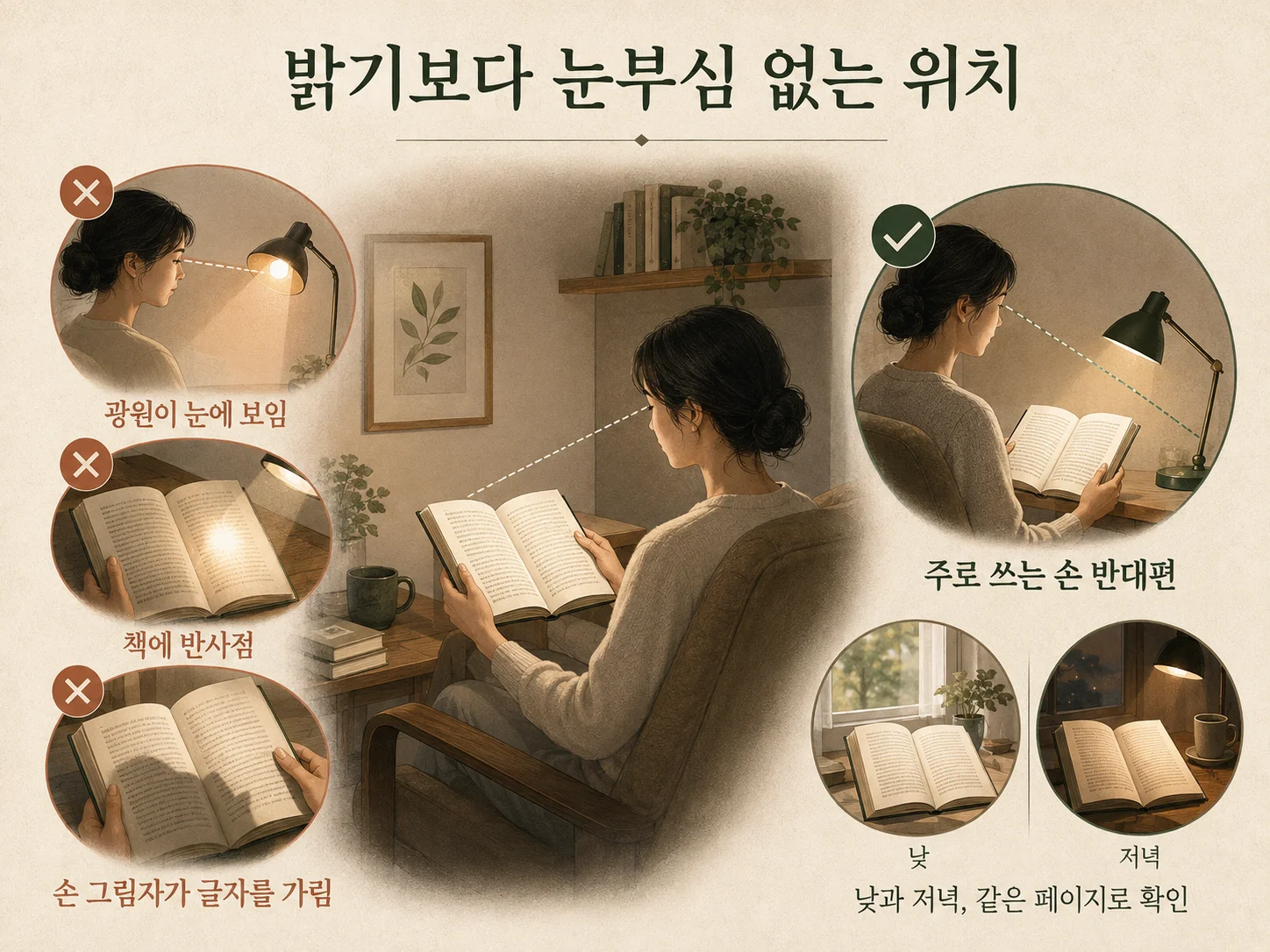국부조명의 눈부심과 책 표면 반사를 확인하는 독서공간