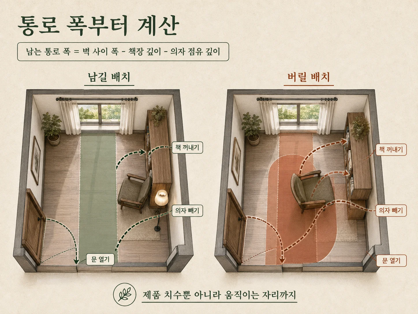 작은 집 독서공간에서 통로 폭을 확인하는 책장과 의자 배치