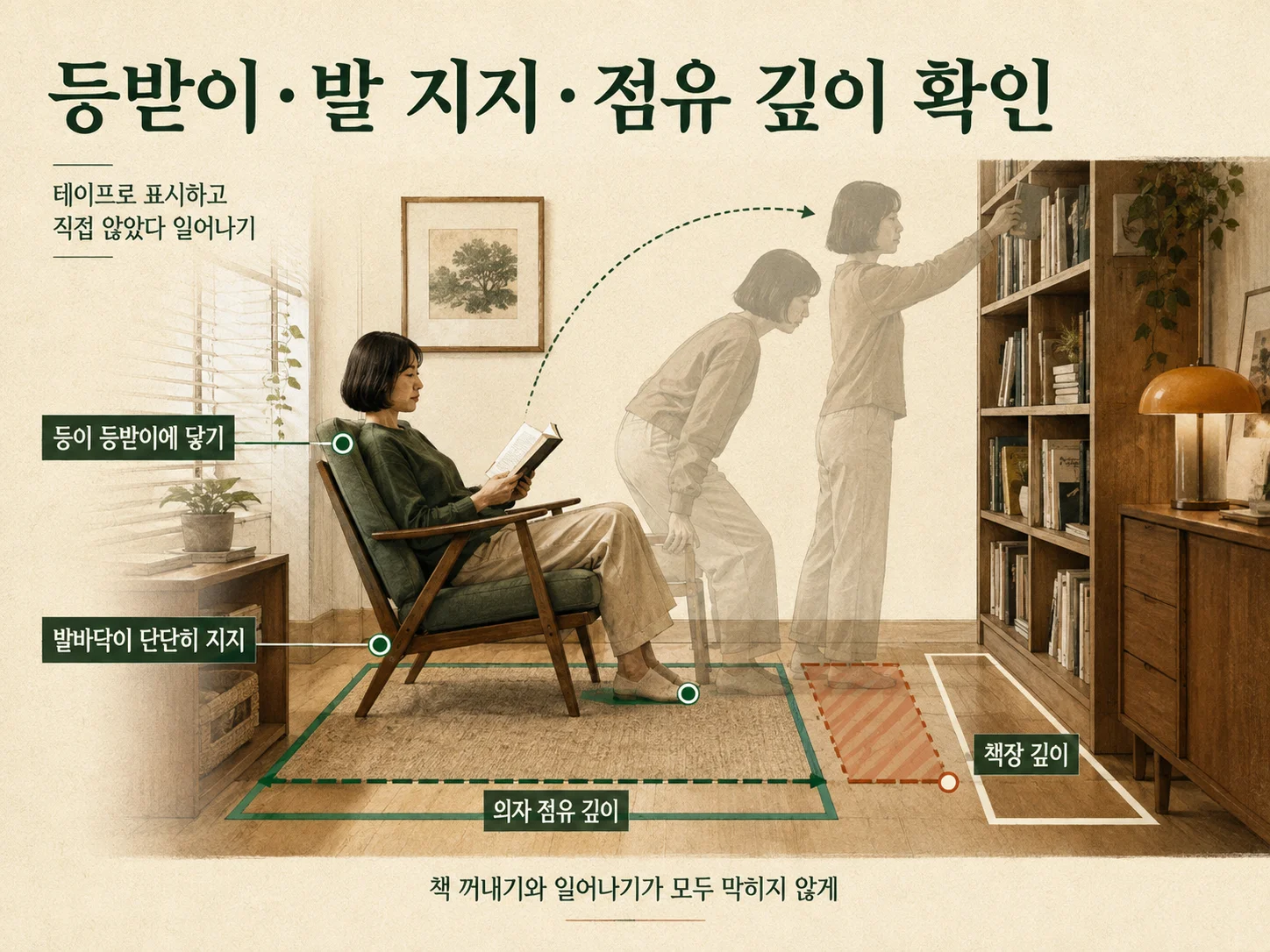 독서 의자의 등받이와 발 지지를 점검하는 작은 집 배치