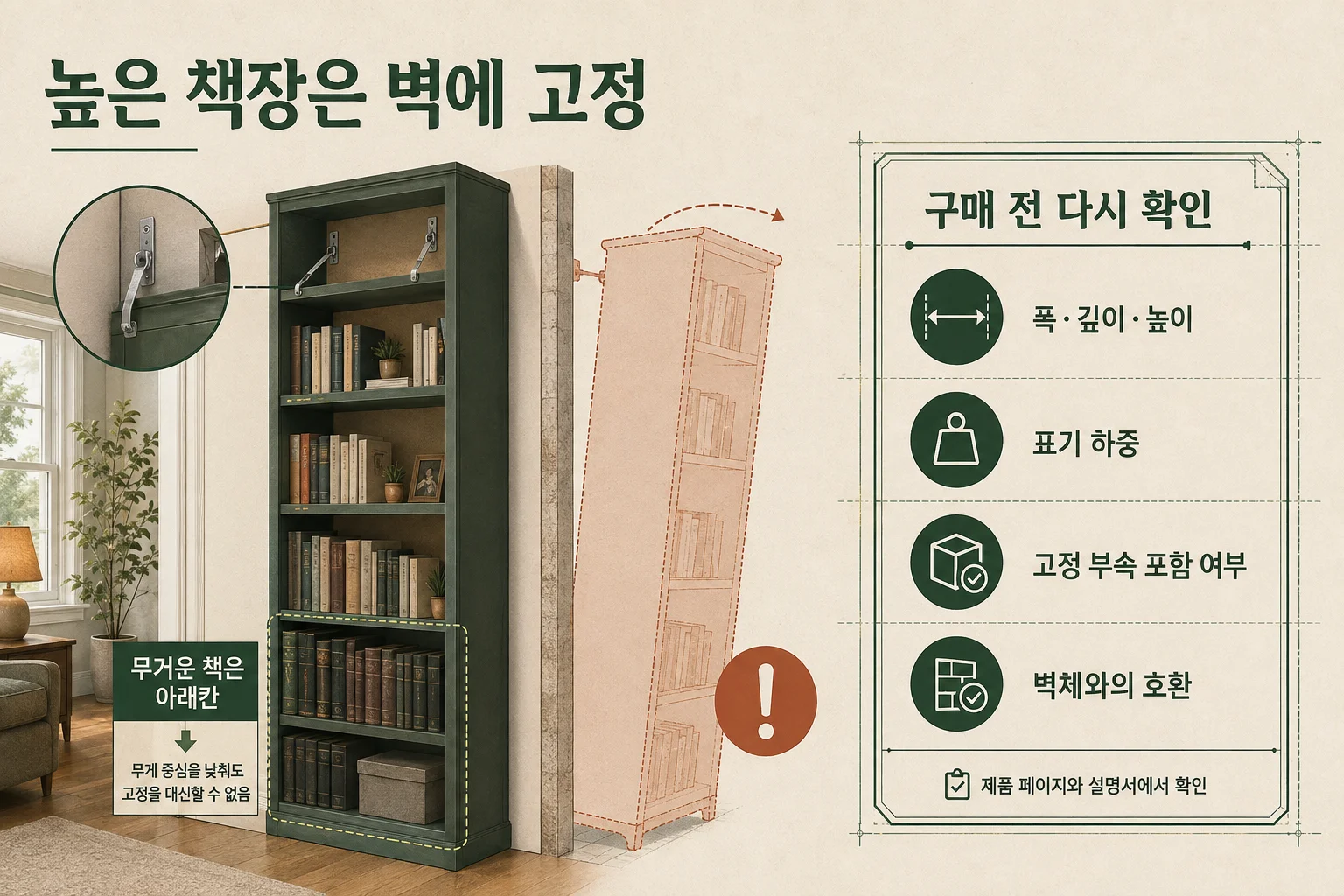 벽 고정과 하단 무거운 책 배치로 전도 위험을 줄이는 책장