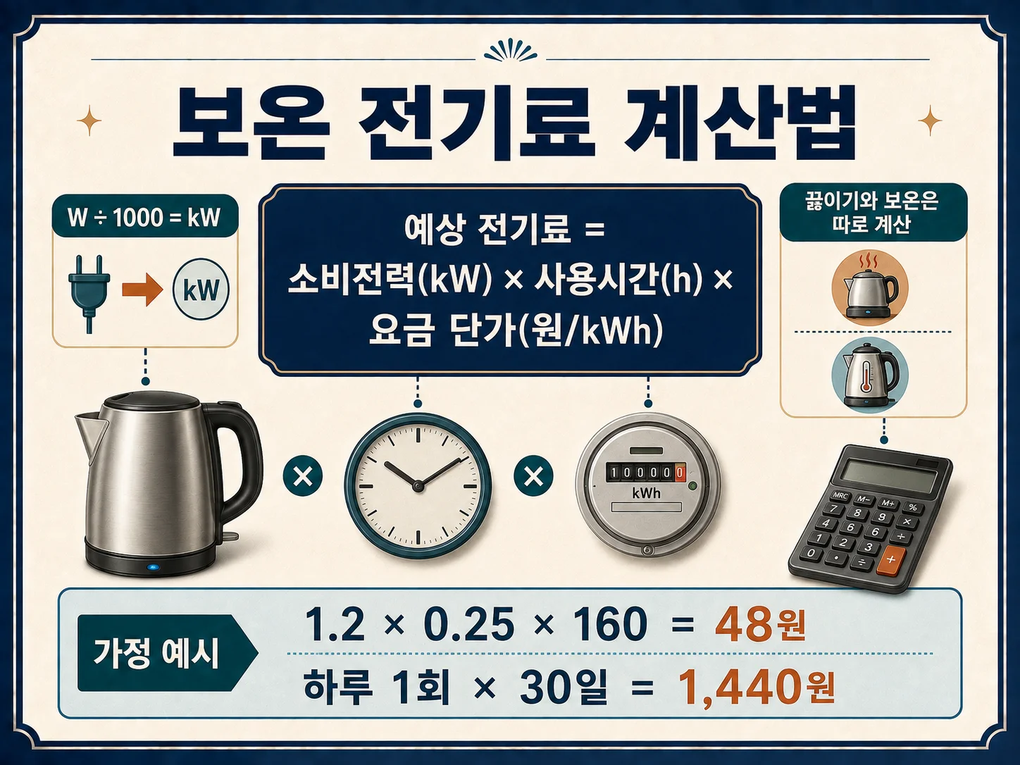 전기포트 보온 전기료 계산식과 사용시간 비교