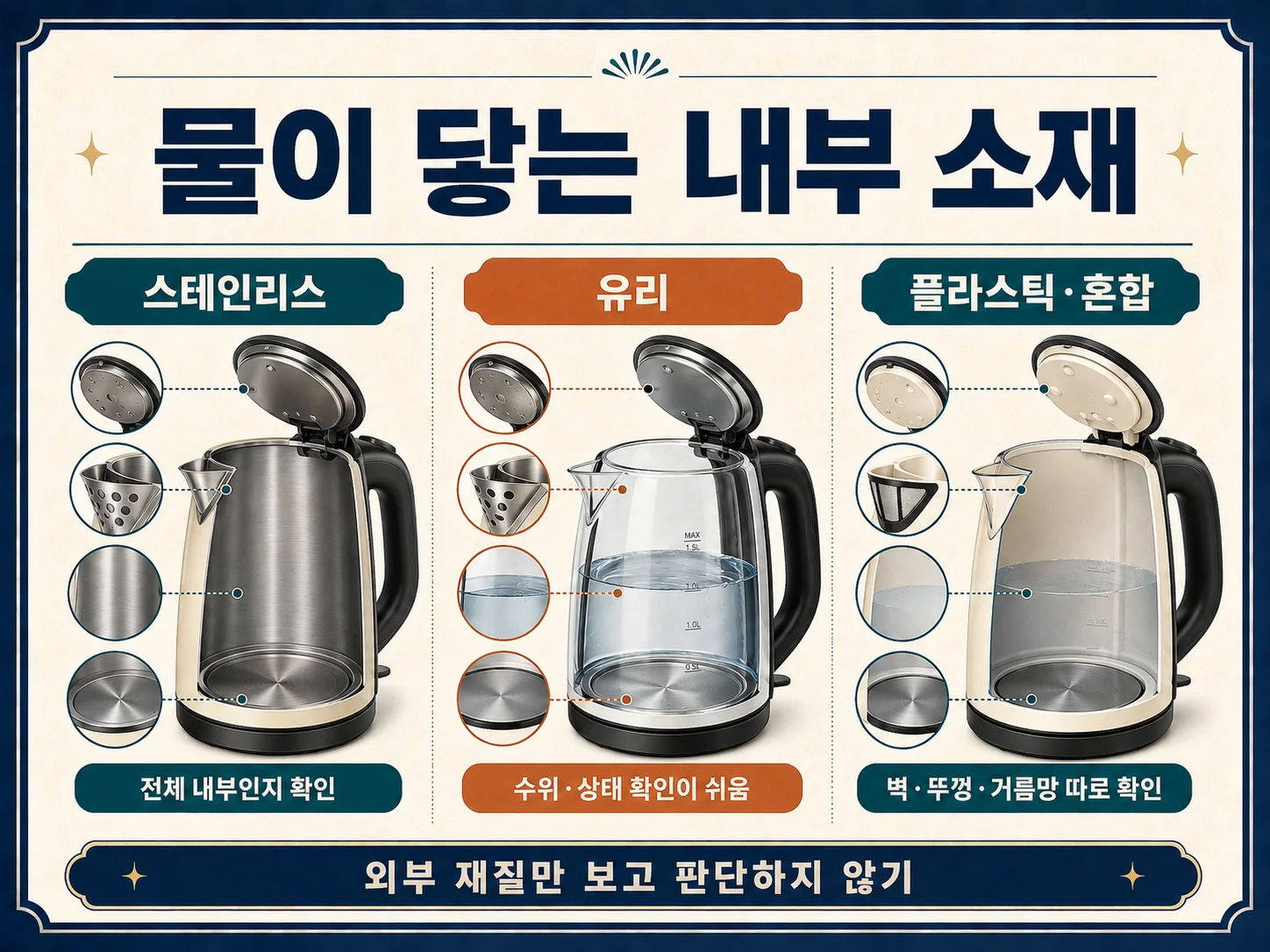전기포트 내부 소재별 물 접촉 범위 비교
