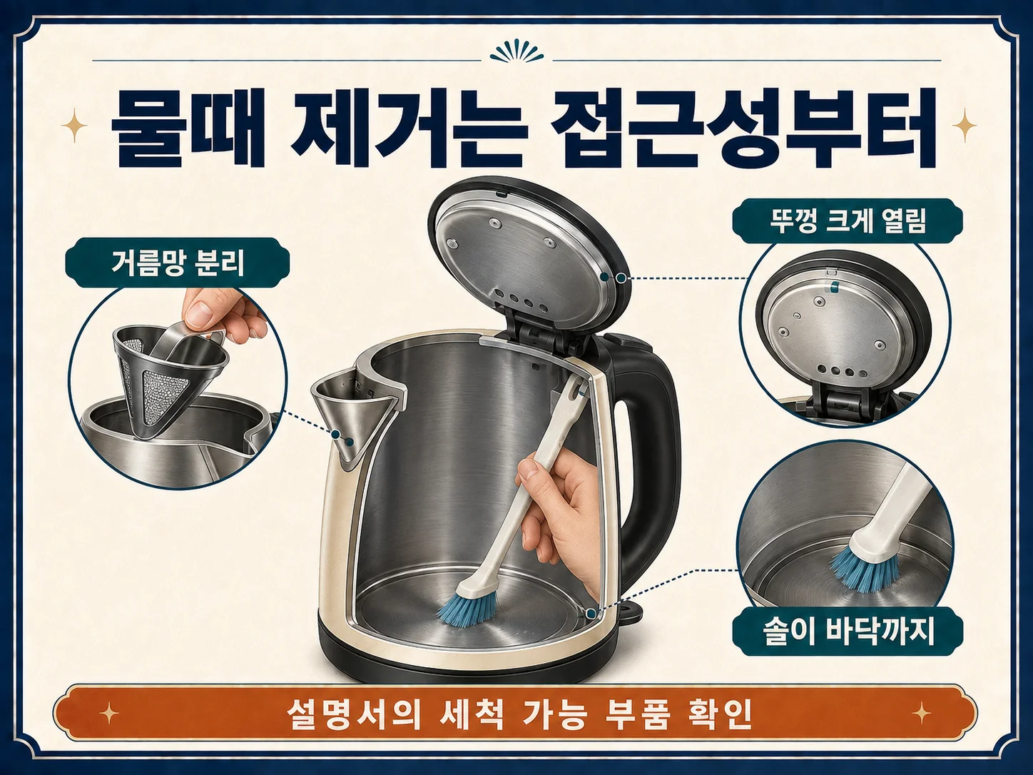 전기포트 물때 제거를 위한 뚜껑과 내부 세척 구조 확인