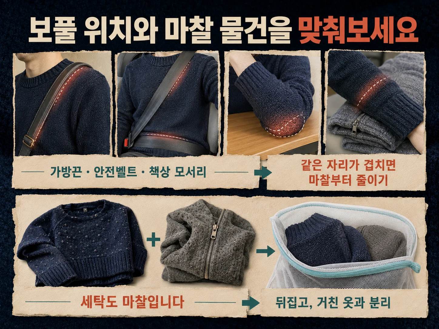 가방끈과 책상 마찰로 니트 보풀이 생기기 쉬운 부위