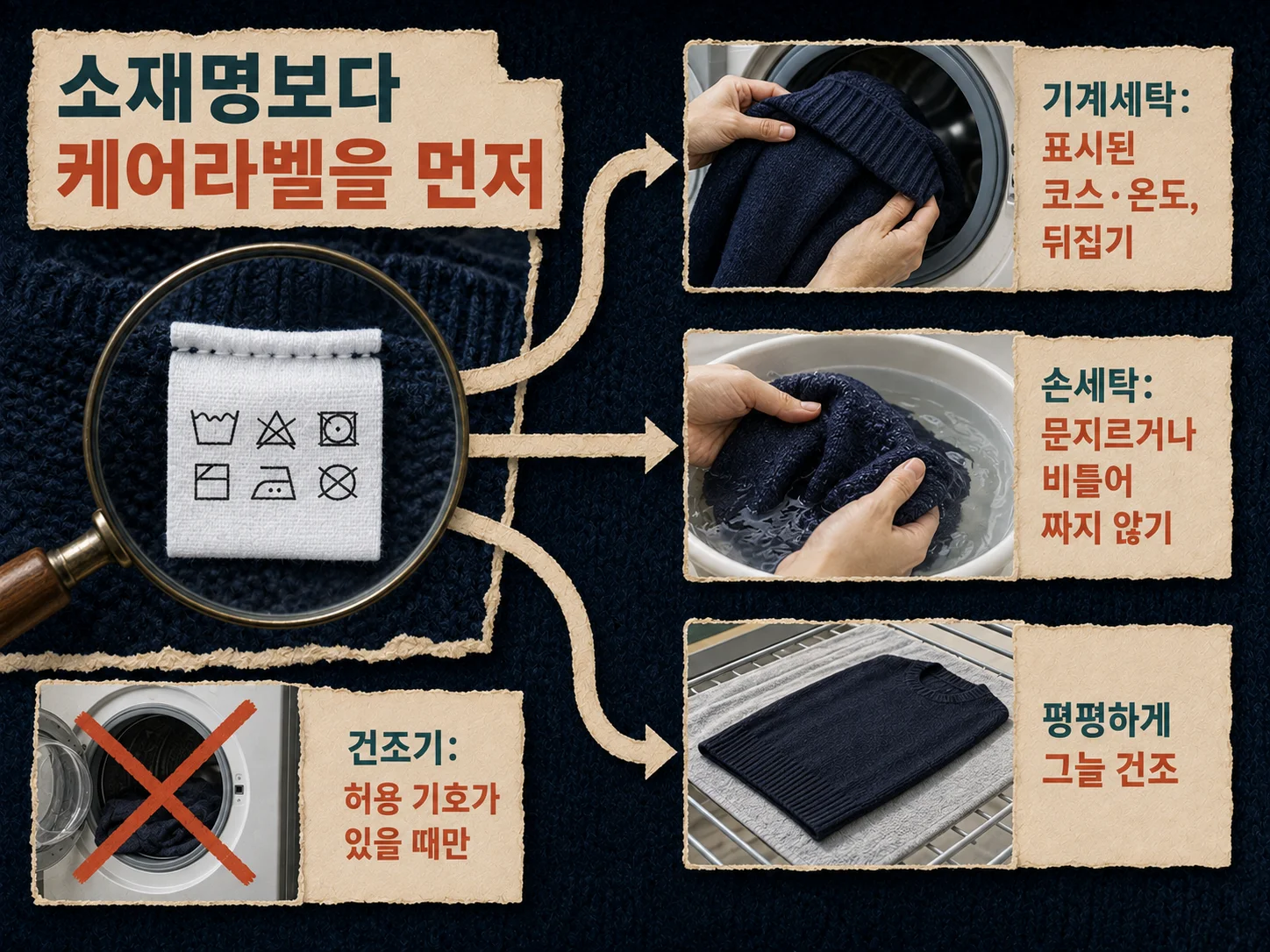케어라벨을 기준으로 니트 세탁과 건조 방법을 확인하는 모습