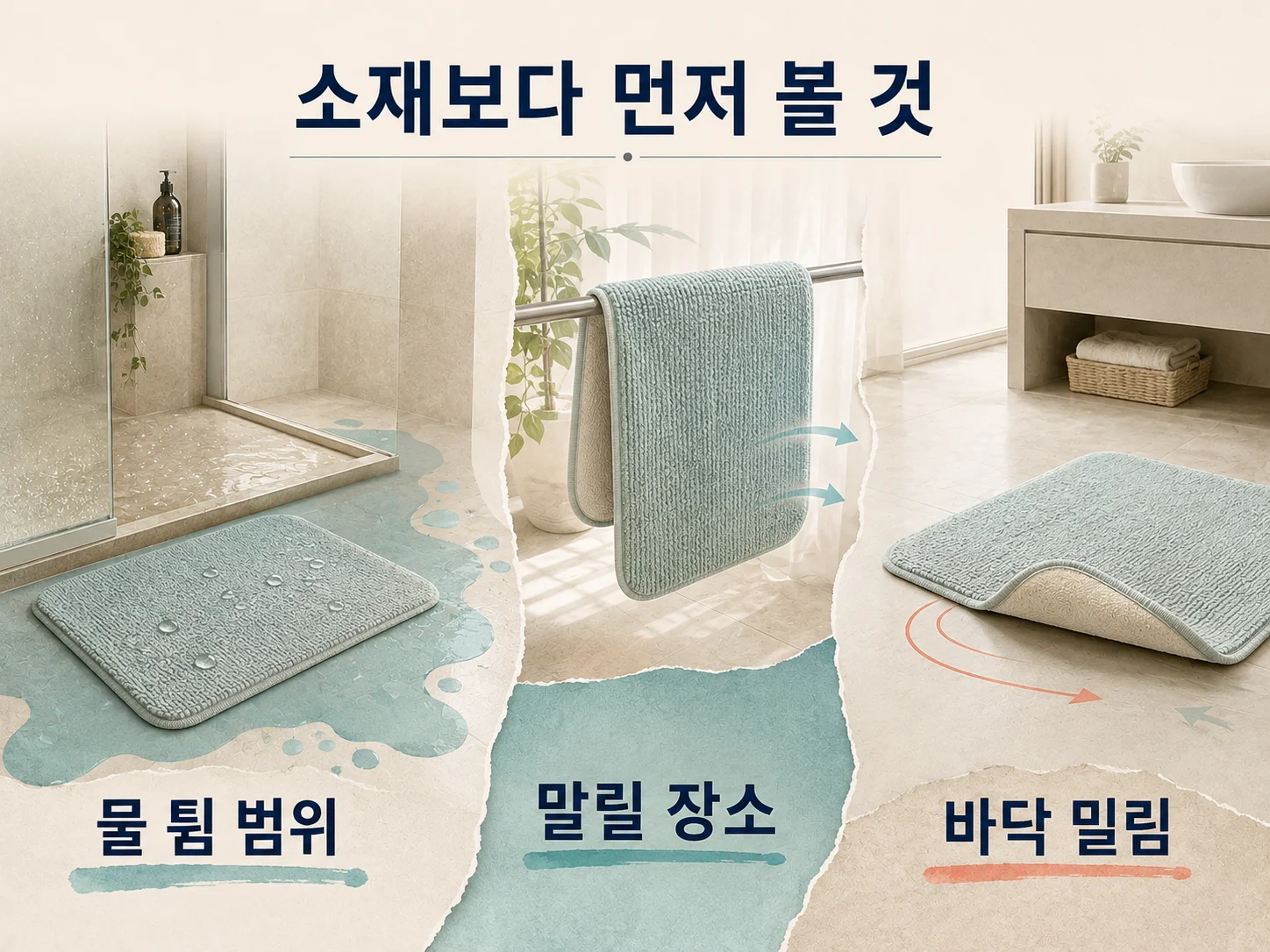 욕실 물 튐 범위와 발매트 건조 장소를 확인하는 기준