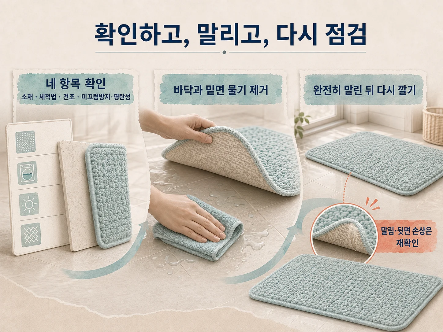 젖은 욕실 발매트의 바닥 물기 제거와 건조 관리