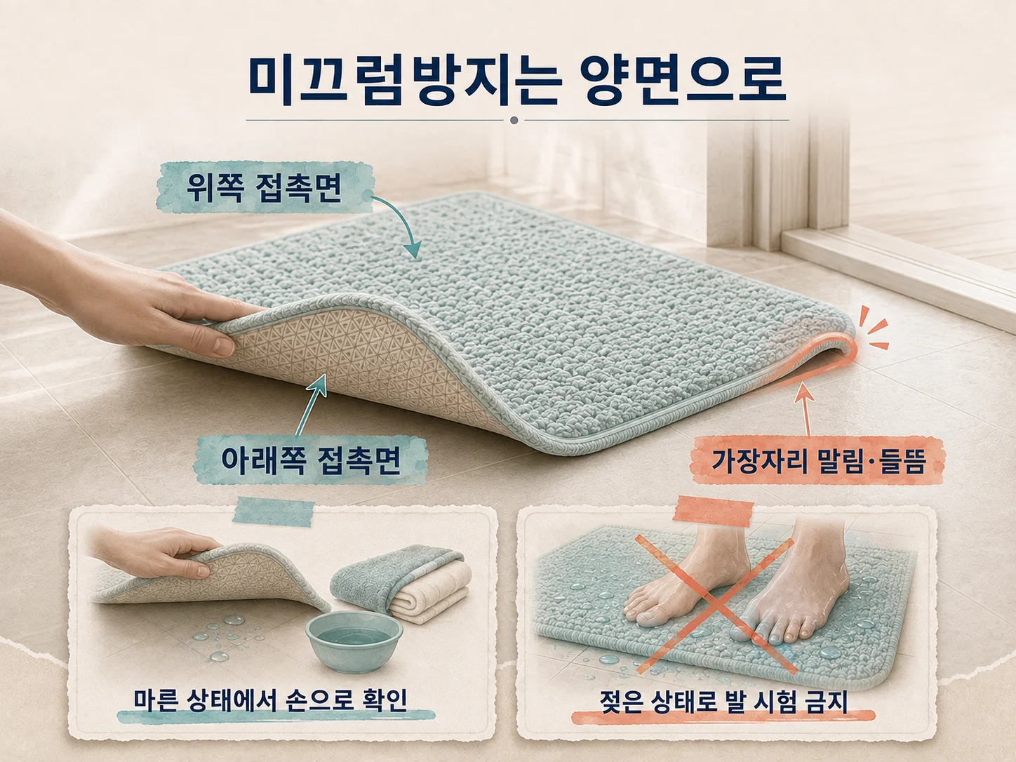 욕실 발매트의 양면 미끄럼방지와 가장자리 말림 확인