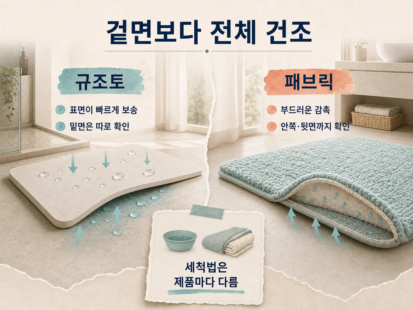 규조토 발매트와 패브릭 발매트의 흡수·건조 차이 비교