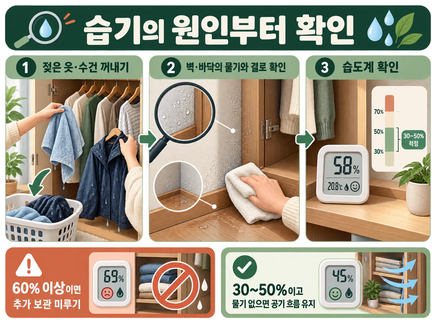 옷장 습기 원인과 상대습도 확인 항목