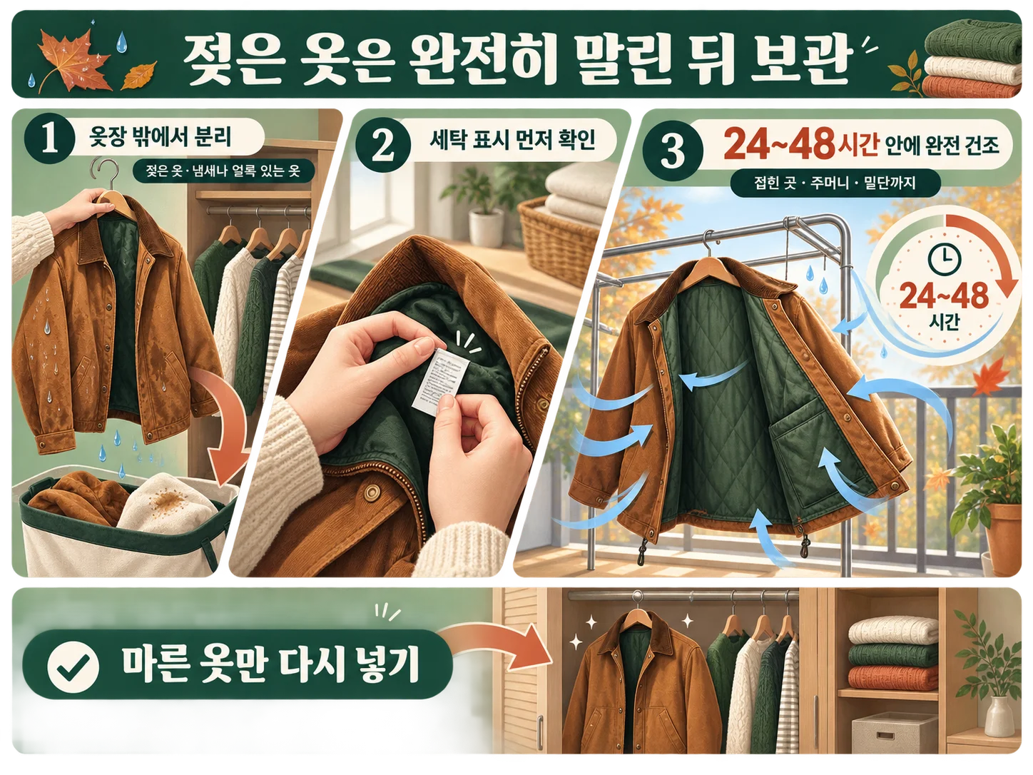 젖은 옷을 24~48시간 안에 말리는 옷장 곰팡이 예방