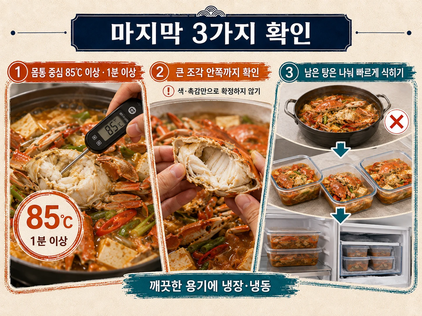 꽃게탕 85도 익힘과 남은 탕 보관 기준