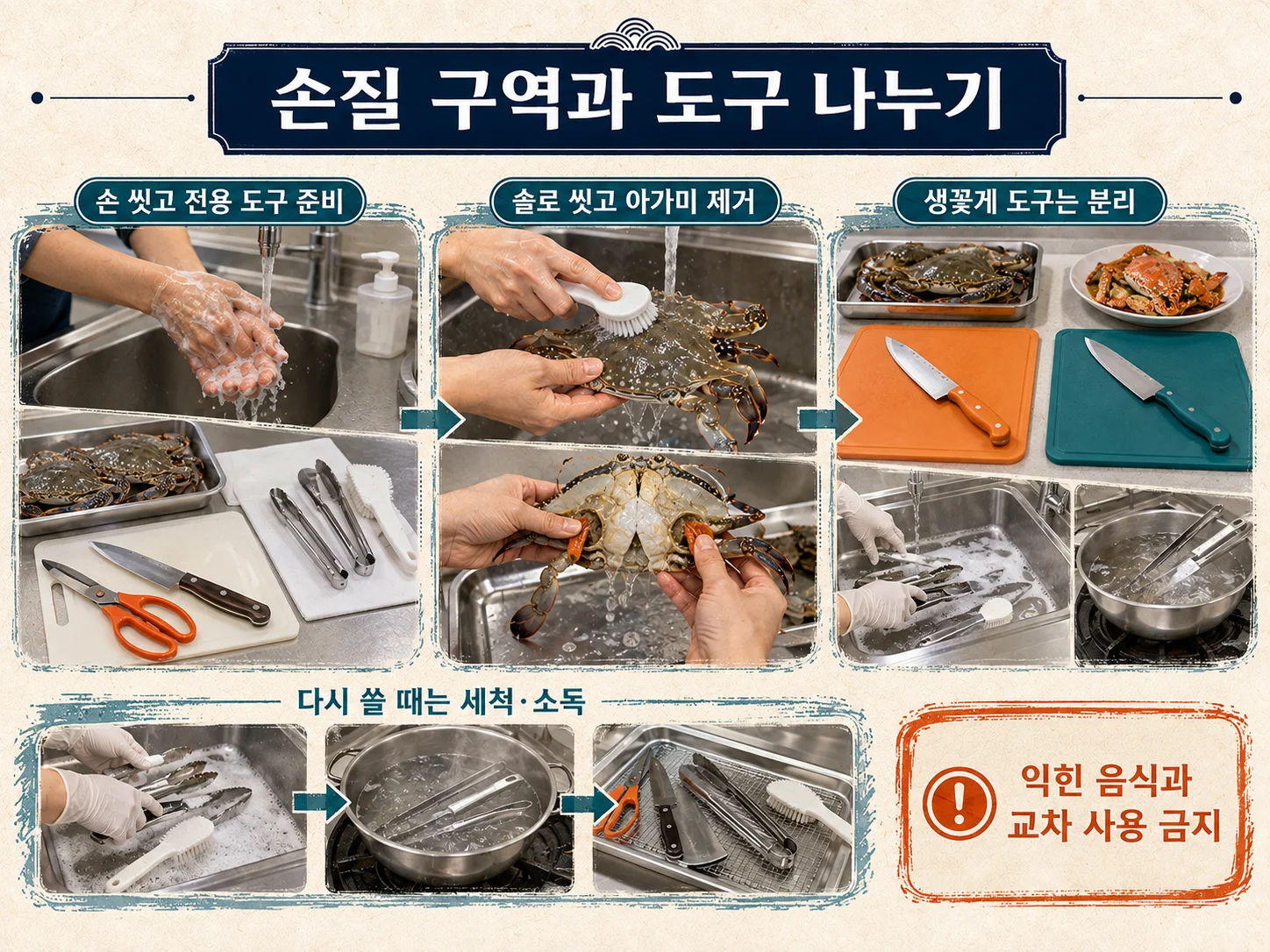 꽃게 손질 도구 분리로 교차오염 막기