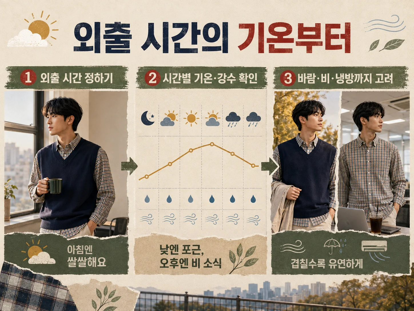아침 낮 기온에 맞춘 체크셔츠 레이어드 기준