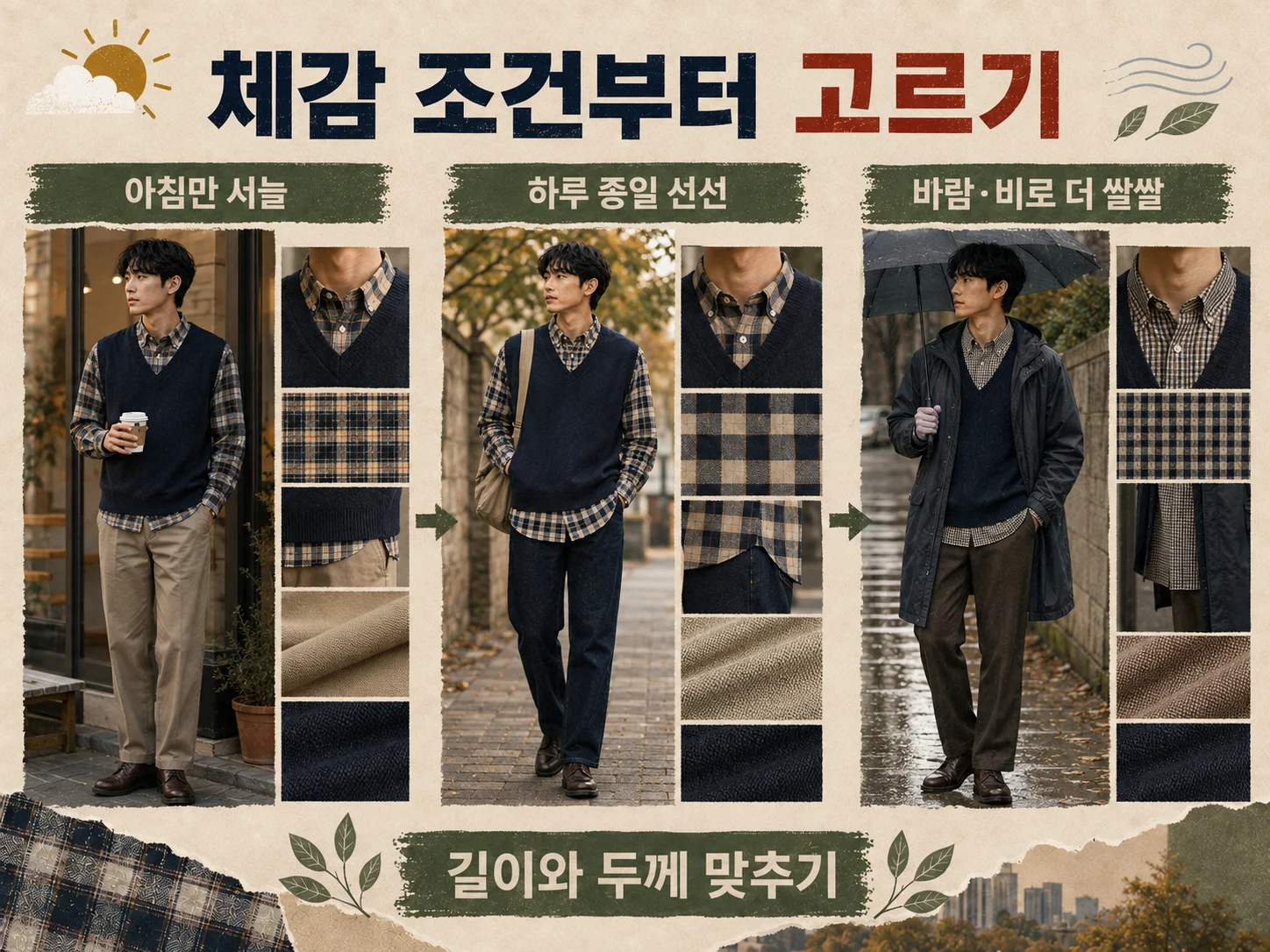 체형과 기온별 V넥 체크셔츠 레이어드 조합
