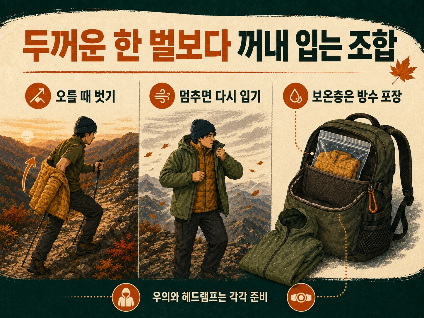 가을 산행 보온층을 꺼내 입기 좋게 준비한 배낭