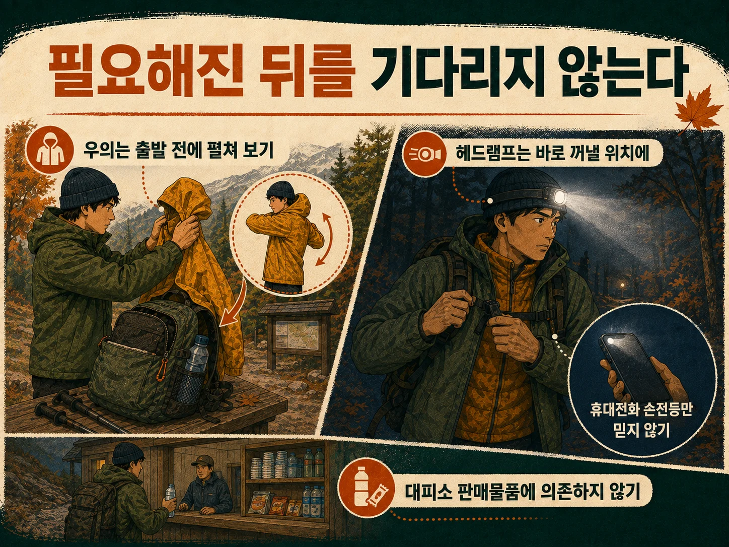 우의와 헤드램프를 바로 꺼낼 수 있게 챙긴 산행 준비물