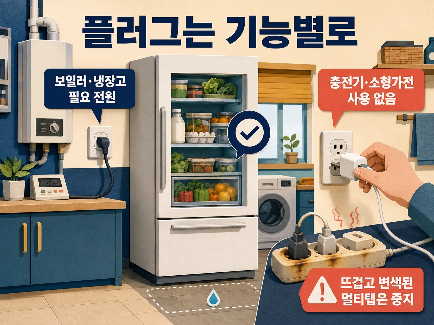 외출 전 콘센트 플러그와 냉장고 전원 구분 점검