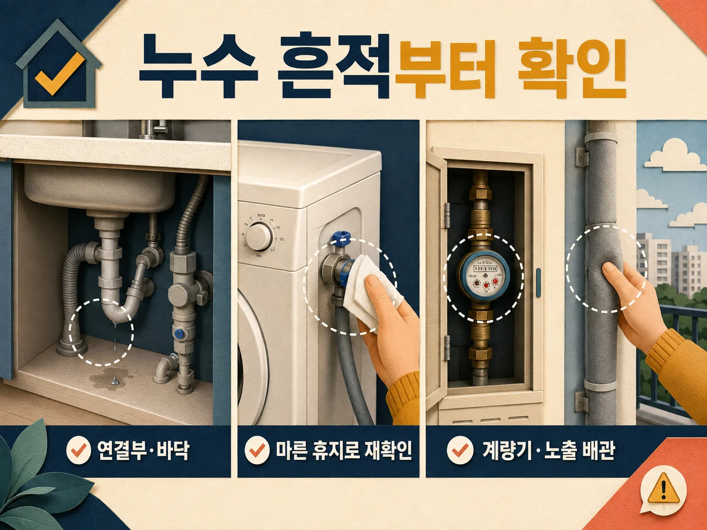 장기 외출 전 수도계량기와 싱크대 누수 흔적 점검