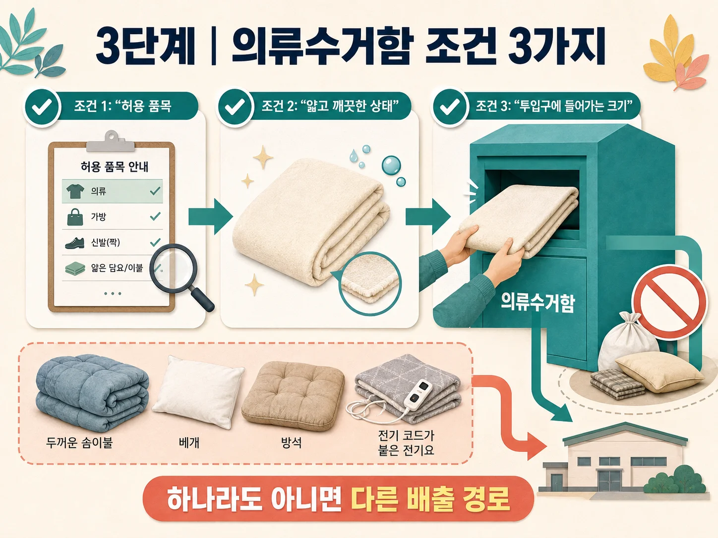 의류수거함에 넣을 수 있는 깨끗한 얇은 이불과 제외 침구 기준