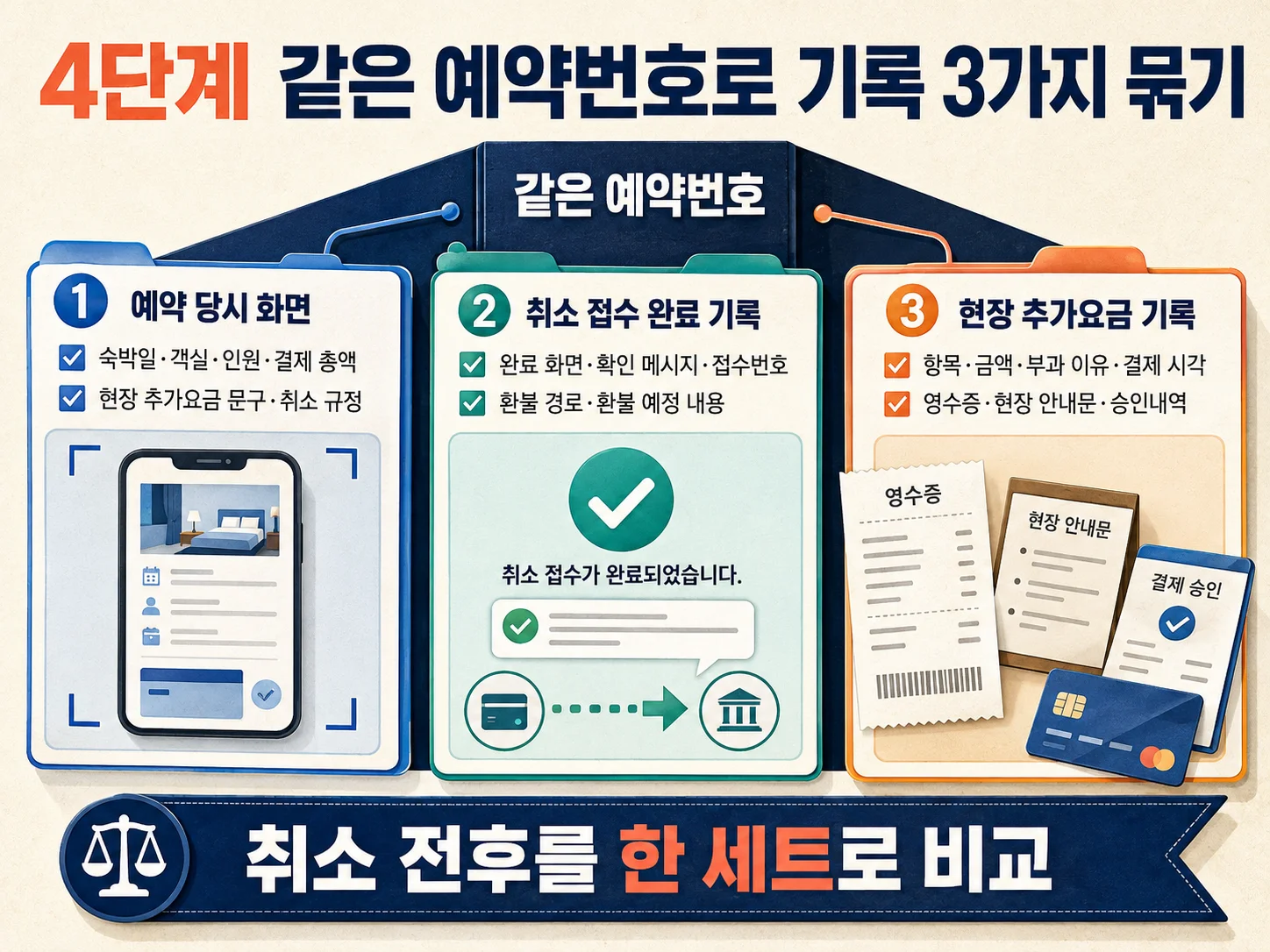 숙소 예약 취소 화면과 환불 기록을 같은 예약번호로 보관하는 방법