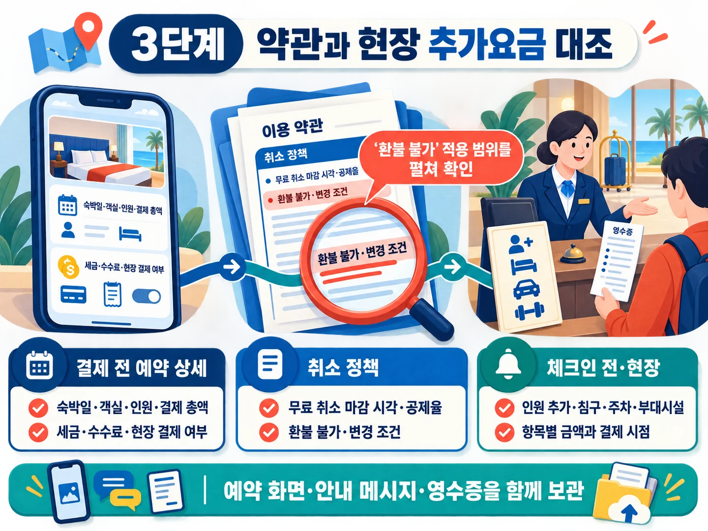 숙소 예약 약관과 현장 추가요금 안내를 예약번호 기준으로 비교하는 체크리스트