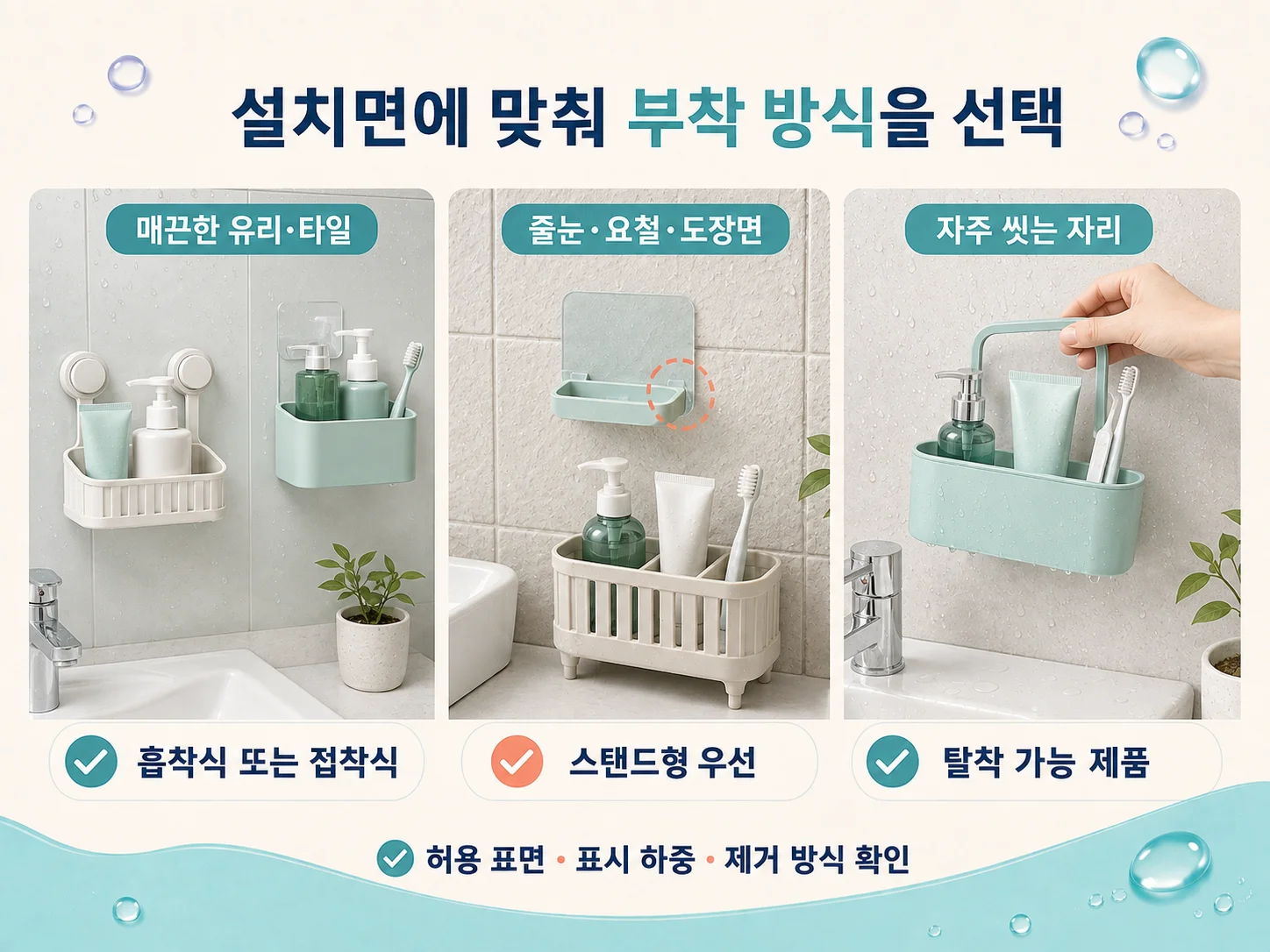 다이소 욕실 수납용품 흡착식·접착식 설치면 비교