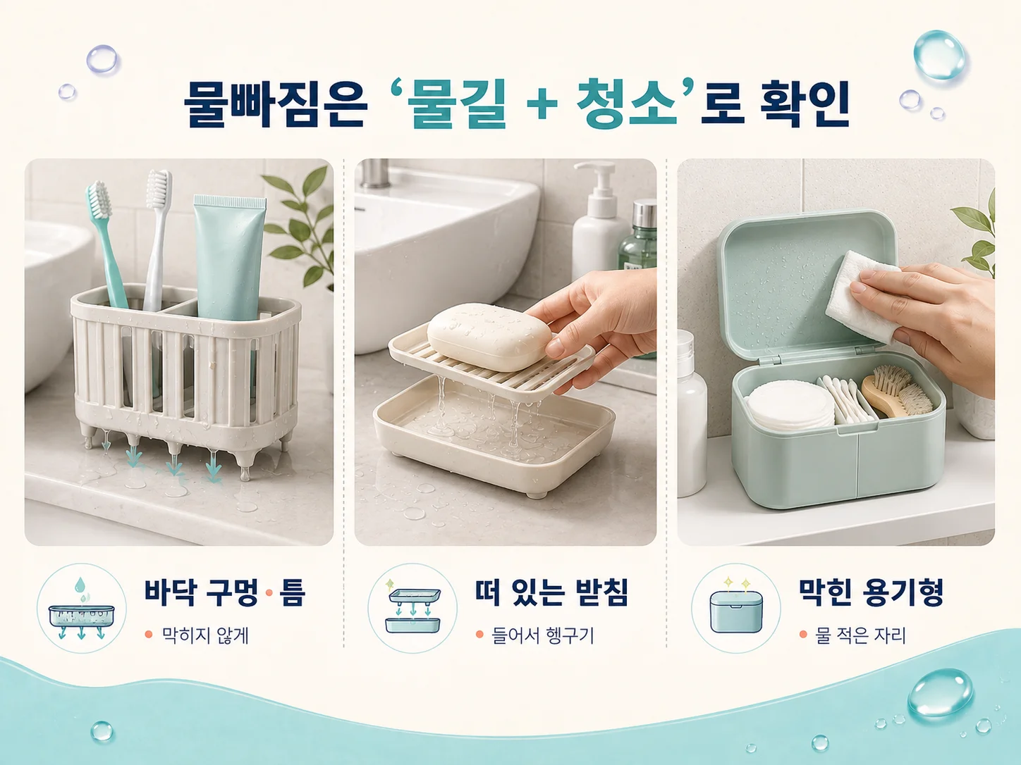 욕실 미니용품의 물빠짐 구조와 바닥 틈 확인