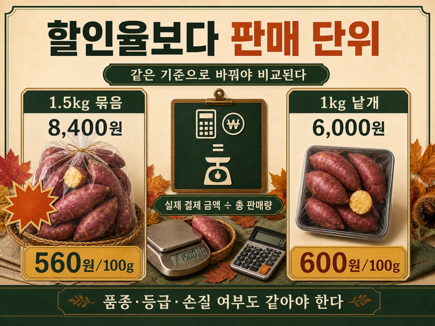 할인율 대신 100g당 단위가격으로 식품 가격을 비교하는 장면