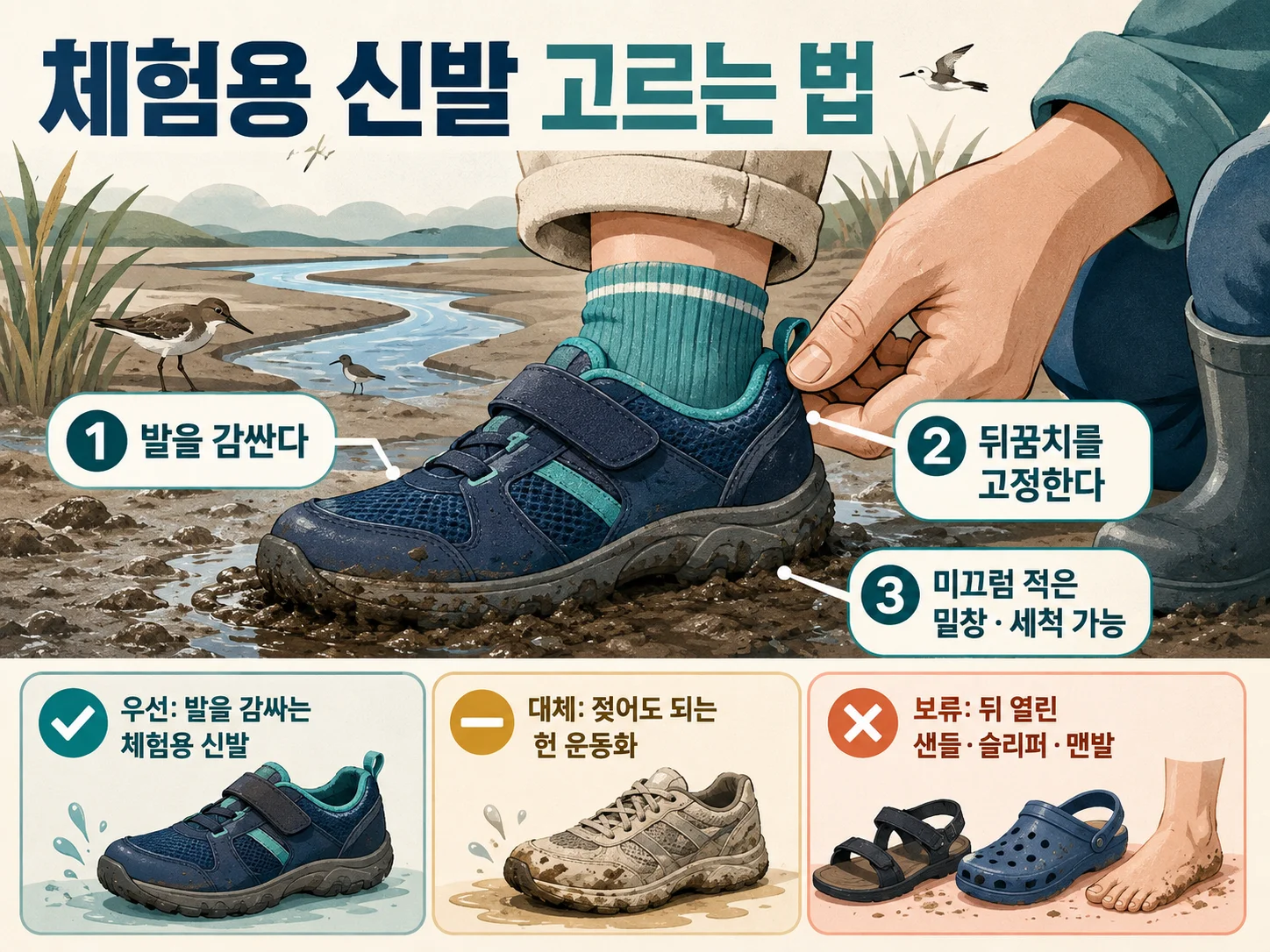 갯벌체험용 신발 선택과 미끄럼 방지 확인