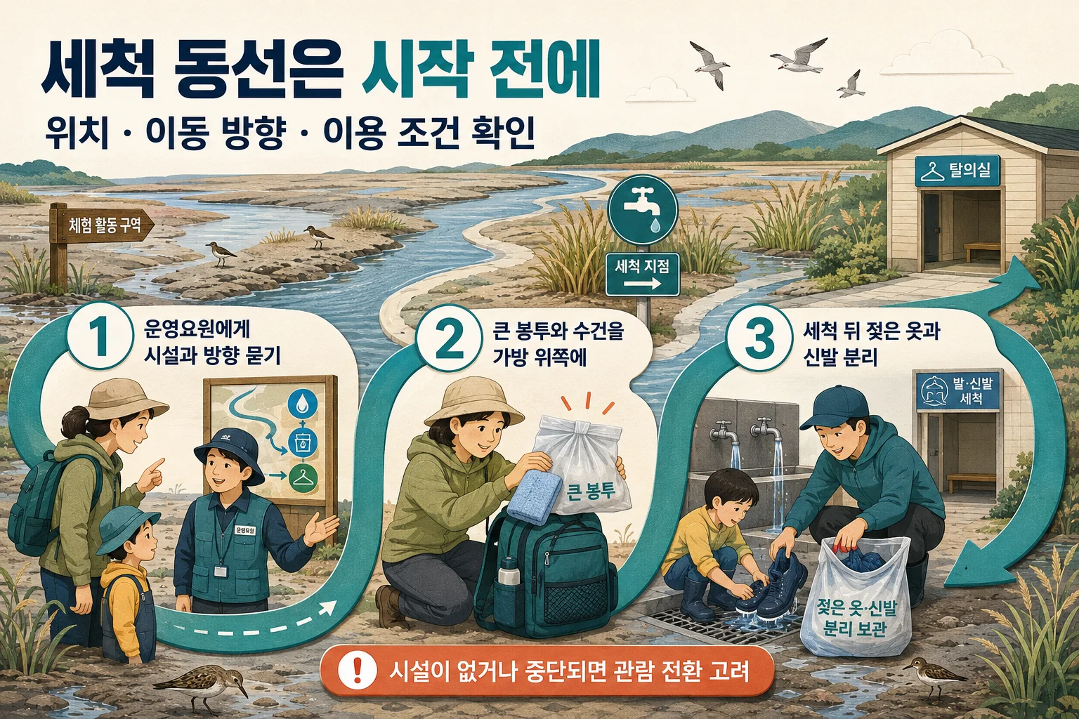 갯벌체험 후 세척 시설과 젖은 물건 이동 동선