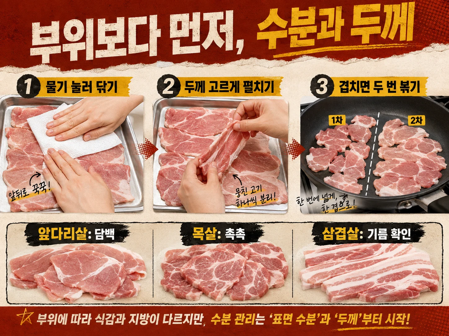 제육볶음용 돼지고기 표면 물기와 고른 두께 준비