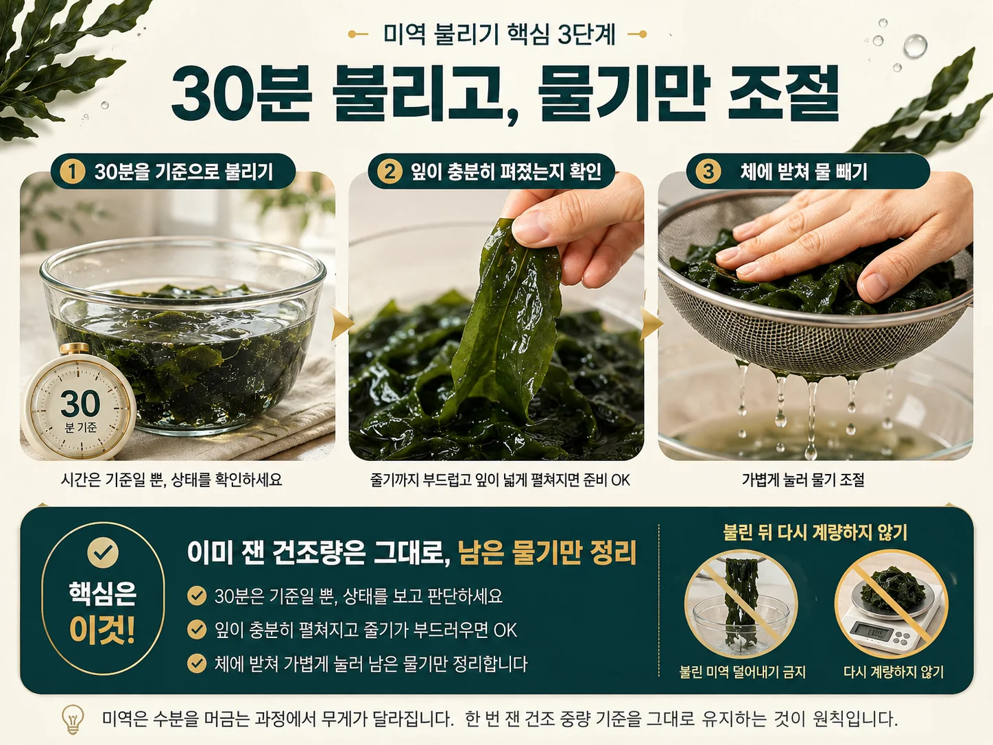 불린 미역 물기 조절로 미역국 국물 농도를 맞추는 과정