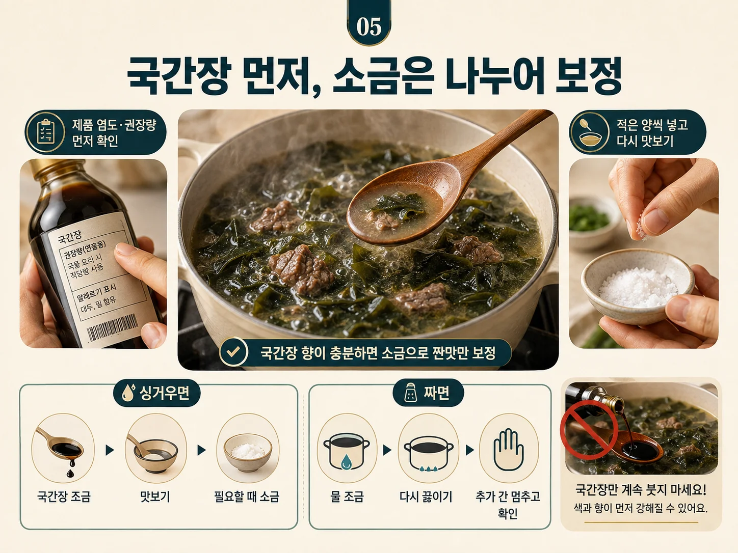 국간장과 소금으로 미역국 간을 맞추고 완성 상태를 확인하는 방법