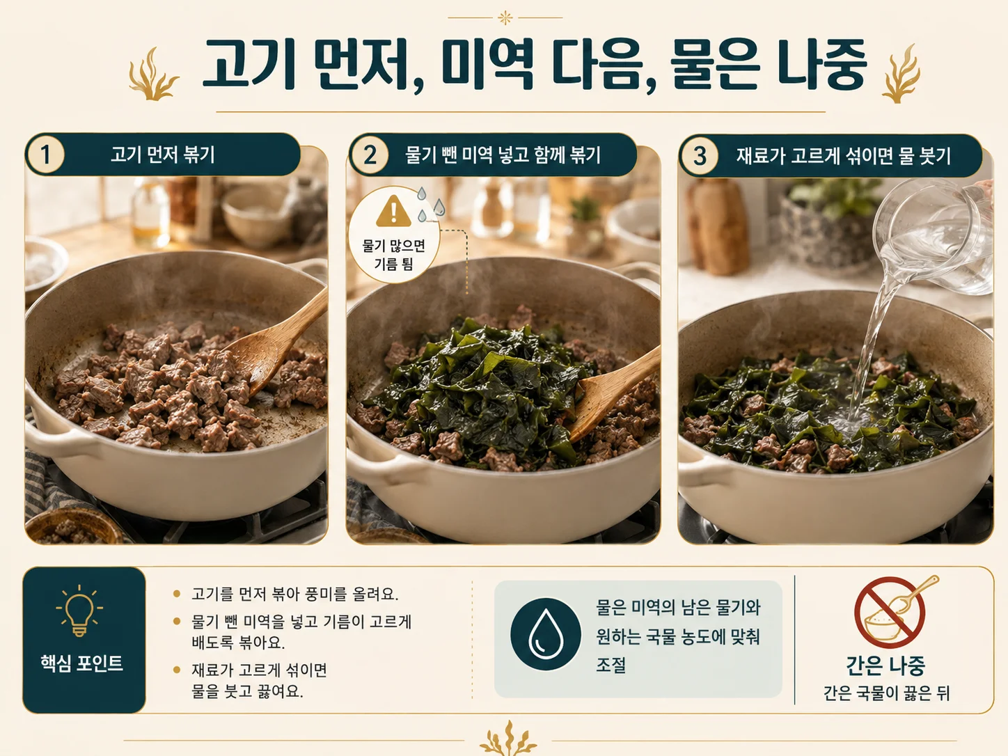 고기 미역국에서 고기와 미역을 볶고 물을 붓는 순서