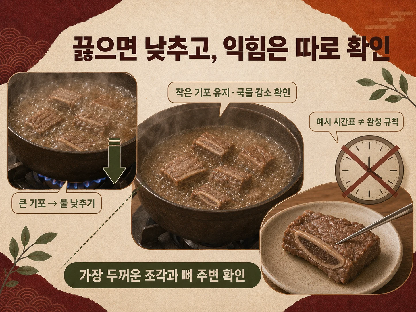 갈비찜 약한 끓임과 가장 두꺼운 조각 익힘 확인 이미지