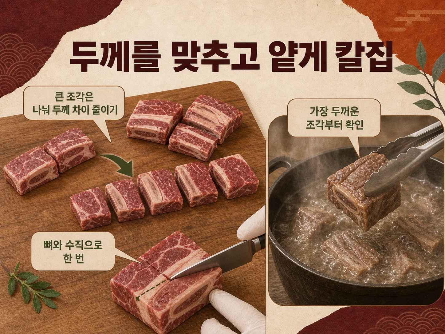 갈비찜 고기 크기 균일화와 두꺼운 살 칼집 손질 이미지
