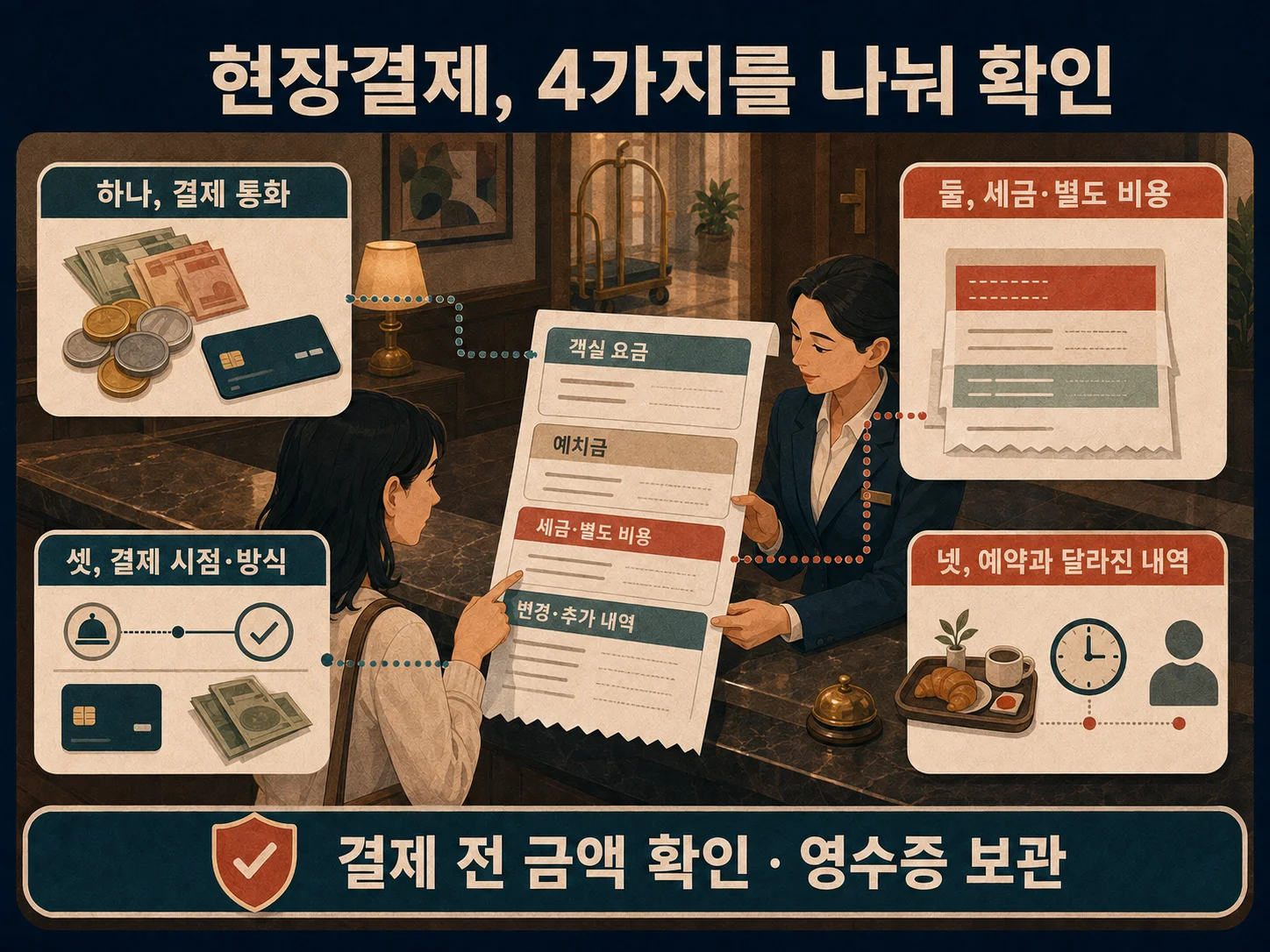 호텔 현장결제의 통화·세금·영수증 확인
