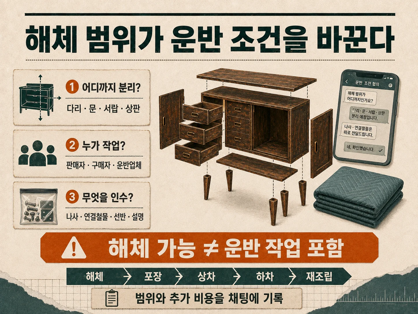중고 가구 해체 부위와 부속품·재조립 범위 확인